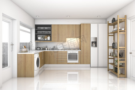 公寓摄影照片_3d 渲染木现代洗衣房和厨房