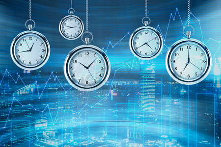 鸽子动态图摄影照片_Four models of pocket watches are hovering in the air over financial graphs background. A concept of a value of time in financial markets. New York view on background. 3D rendering.