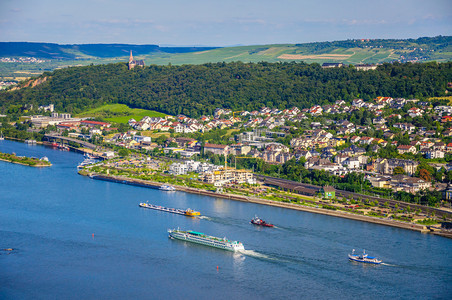 Ships on Rhine river near Bingen am Rhein, Rheinland-Pfalz, Germ