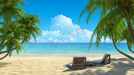 夏天沙滩上摄影照片_夏天沙滩上海滩椅子棕榈树的影子
