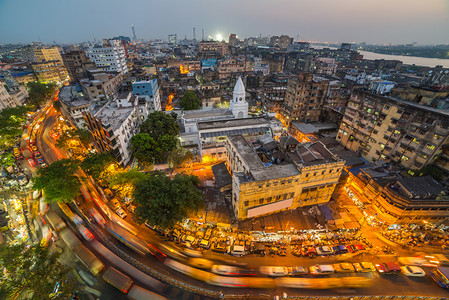 鸟瞰加尔各答城市夜间, 西孟加拉, 印度 