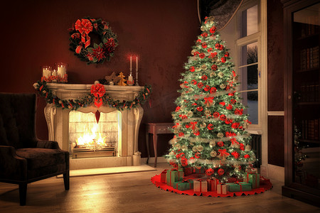 中火摄影照片_圣诞节场景用礼物和背景中的火。3d 渲染