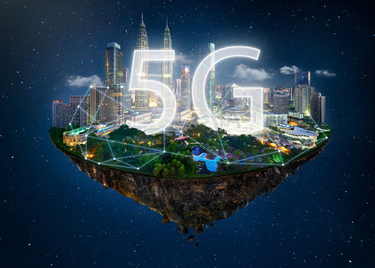 手机网络信号摄影照片_梦幻岛漂浮在空中与网络光, 通信5g 网络概念在夜空背景
