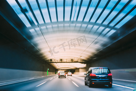 Speeding Cars Inside A Highway Urban Tunnel, Motion Blur.