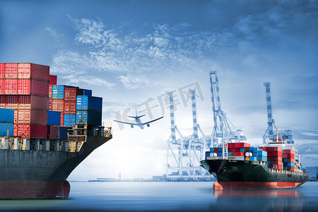 交易摄影照片_物流和运输的国际集装箱船舶和货物运输机