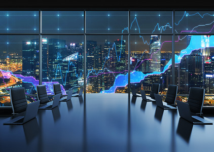 数字3摄影照片_A conference room equipped by modern laptops in a modern panoramic office, evening New York city view. Financial charts are drawn over the panoramic windows. 3D rendering.