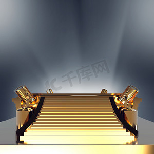 颁奖模板摄影照片_空荡荡的金色舞台登上领奖台的颁奖典礼.