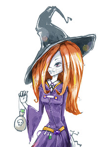 好看设计摄影照片_Red-haired witch. Girl in a witch costume with poison in her hands. 