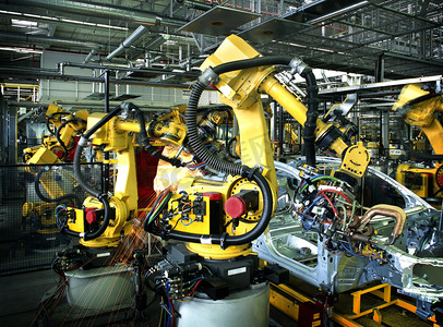 montagem摄影照片_焊接机器人在汽车制造厂