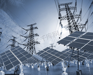 and摄影照片_solar energy panels and Power transmission tower