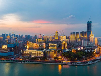 武汉市日落与夜间航空摄影风景