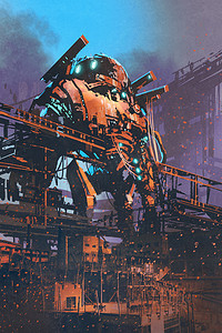 科幻小说摄影照片_恢复旧的巨型机器人在废弃的工厂