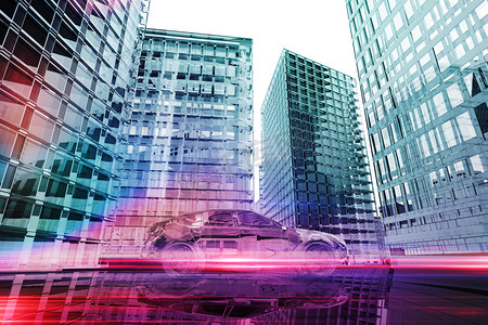 透明激光摄影照片_在城市的未来派汽车