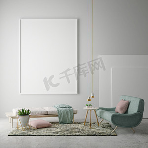 室内渲染图摄影照片_小样在时髦室内背景、 斯堪的纳维亚风格、 3d 渲染的海报帧