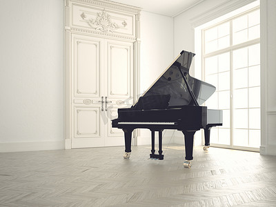 双人钢琴摄影照片_黑色钢琴在空空的白色房间里