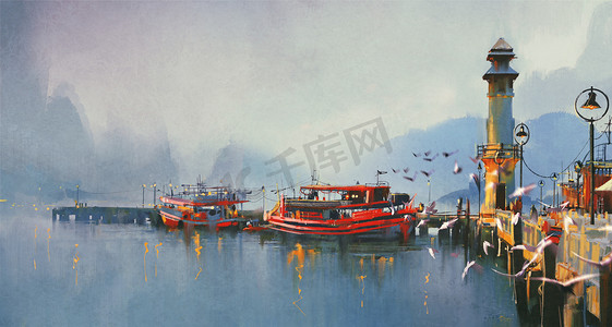 acrylic摄影照片_Fishing boats in harbor at morning