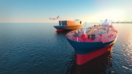发货延迟公告摄影照片_油轮货物和飞机在海上.
