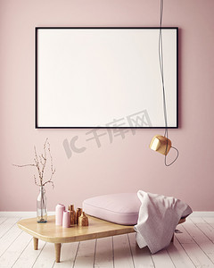 模板工作摄影照片_小样的 3d 渲染时髦客厅墙上的空白海报