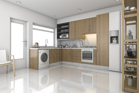 厨房设计摄影照片_3d 渲染木现代洗衣房和厨房