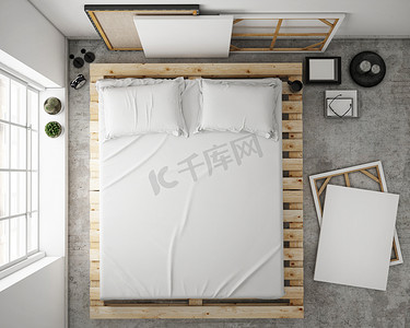 小样的卧室，3d 图背景墙上的空白海报