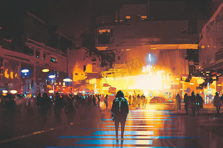 插画赛博朋克摄影照片_男子站在街头看着未来的夜晚城市