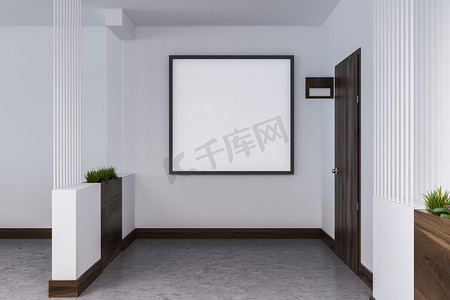 白色木门摄影照片_空的旅馆或商务中心走廊与闭合的木门、白色墙壁和一个混凝土地板。方形海报框架。3d 渲染模拟