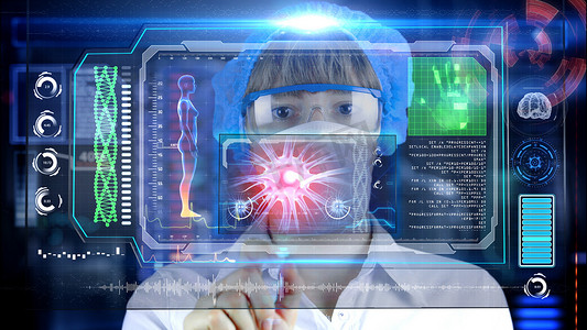 细胞医疗摄影照片_科技未来派的平视显示器屏幕平板电脑的医生。神经元，大脑的冲动。医学概念的未来