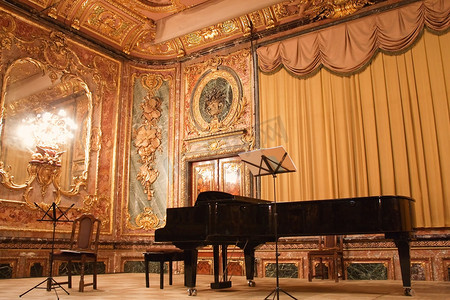 金色的装饰摄影照片_波洛夫佐夫官邸-建筑师的房子的音乐会大钢琴