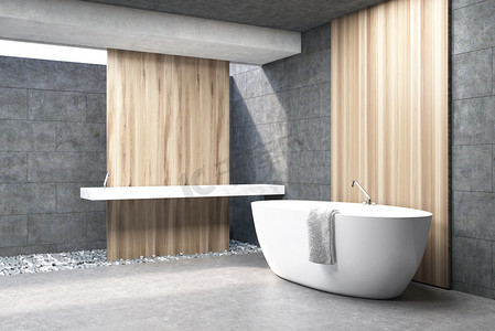灰色的浴室，白色浴缸侧