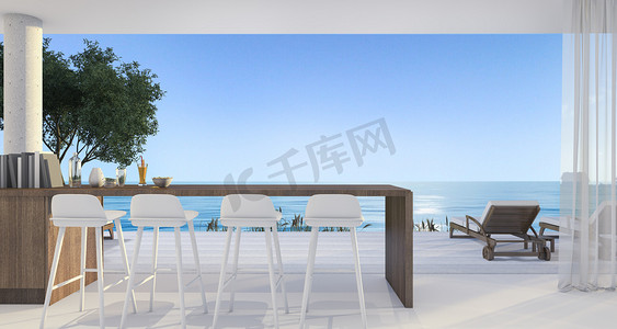 3d 渲染餐厅在美丽的海滩和大海与蓝天中午附近的小别墅