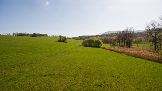 一鸟一伞摄影照片_鸟瞰图。在一条绿色长满草的山全景.
