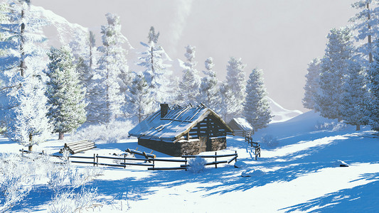 宁静的场景摄影照片_在雪山在冬季的一天中的小木屋