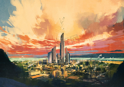 未来科幻城市水彩画图景