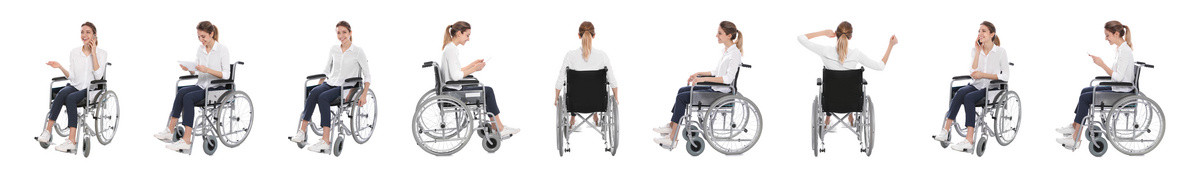 一套美丽的女人在轮椅上的白色背景。横幅设计