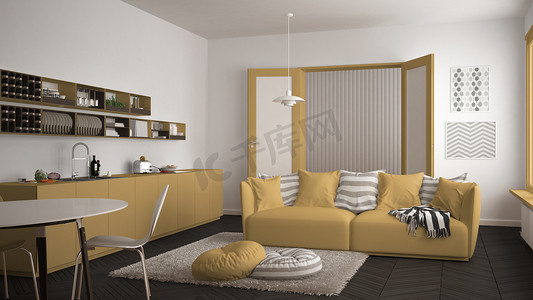 厨房简笔摄影照片_斯堪的纳维亚现代客厅与厨房, 餐桌, 沙发和毯子枕头, 简约的白色和黄色建筑室内设计
