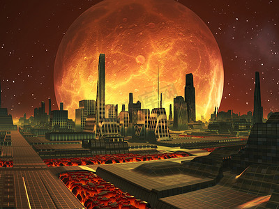 未来城市与满月的熔岩星球上