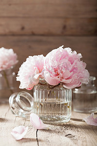 美丽的粉红色牡丹鲜花束插在花瓶里