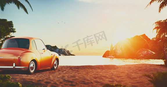 3d模型风景摄影照片_沙滩上的复古车
