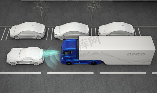 车辆自主摄影照片_自动制动系统停止了的蓝色卡车