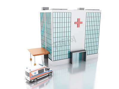 医院和救护车3d概念图 
