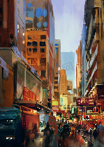 笔刷风格摄影照片_Colorful painting of city street