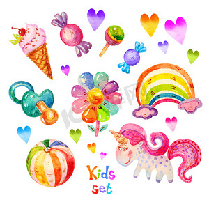 heart白色摄影照片_Colorful Watercolor kids set in cartoon childish toys stile of unicorn, pacifier, heart, ball, flower, candy, ice cream, rainbow icons. Hand drawing cute watercolor kids set icon illustration isolated on white background. 