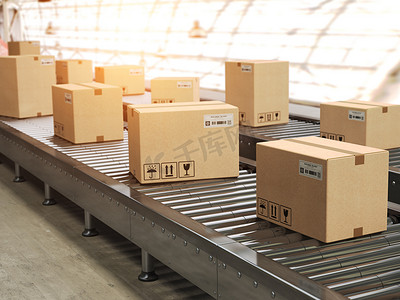 栗棕色木纹摄影照片_输送线上配有 cadrboard 箱, 在配送仓库、送货、仓储运输等服务理念。3d 插图