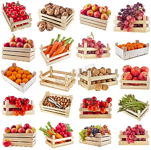 新鲜美味的水果、 蔬菜、 浆果、 坚果在一个木制的板条箱框，孤立在白色背景上的收藏集