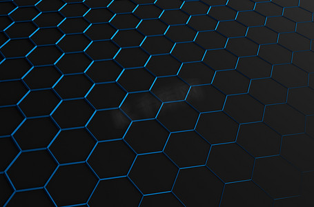 科幻黑色几何摄影照片_抽象的 3d 渲染的未来派表面与蓝色六边形.