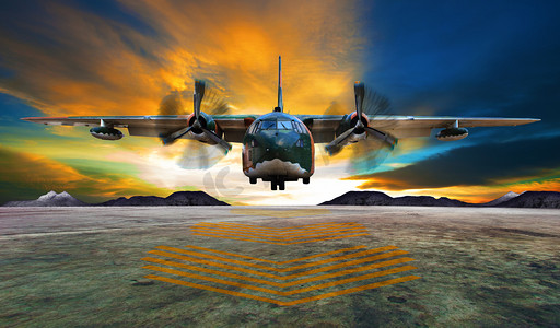 陆军象形摄影照片_在反对美 dus 空军跑道上着陆的军用飞机