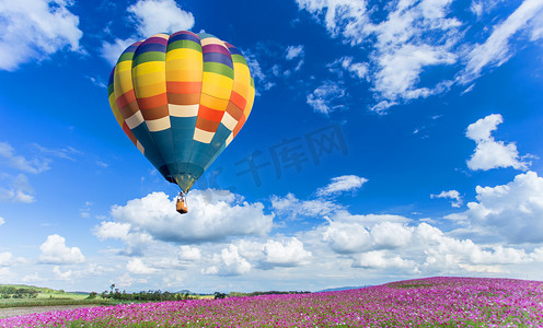 黑五热气球摄影照片_粉红色的花域与蓝色的天空背景上的彩色热气球