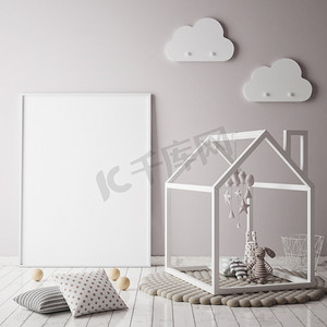 文艺摄影照片_小样在孩子的卧室，斯堪的纳维亚风格室内背景，3d 渲染帧海报