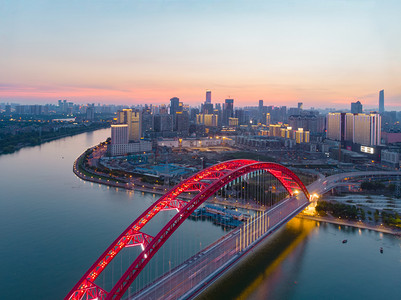 武汉市日落与夜间航空摄影风景