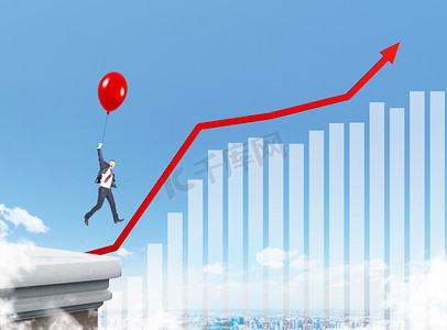 雄心摄影照片_Businessman flying up on red balloon. Graphs and charts on sky background. Concept of growth.